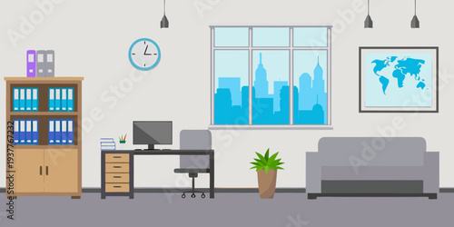 Modern office interior with a city view bookshelf and desk setup