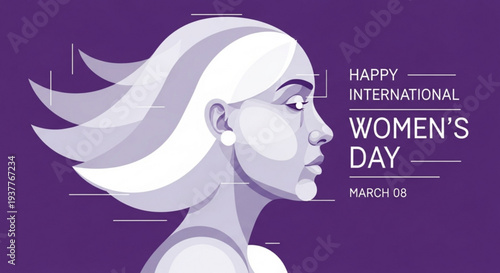 International women's day celebration illustration with purple background and white hair woman