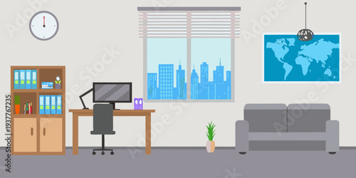 A modern simplified office interior with a city view through the window