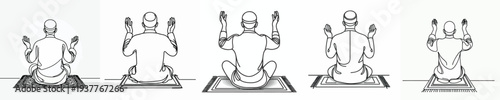 line art of a Muslim sitting on a prayer mat in prayer gesture back view
