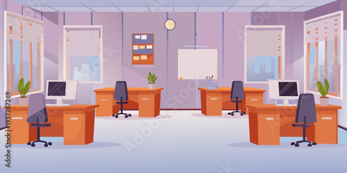 Illustration of a modern empty office workspace with desks and chairs