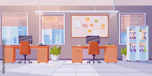 A brightly lit modern office space with desks computers and plants