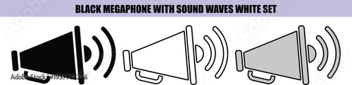 Black megaphone with sound waves on white background
