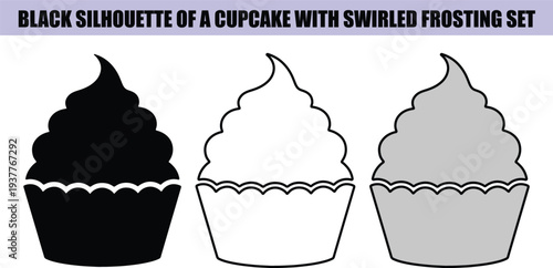 Black silhouette cupcake with swirled frosting and outlines