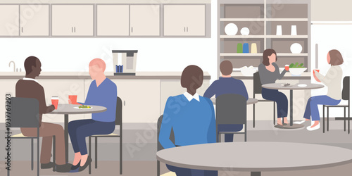 People gather and converse during a break in a modern office kitchen