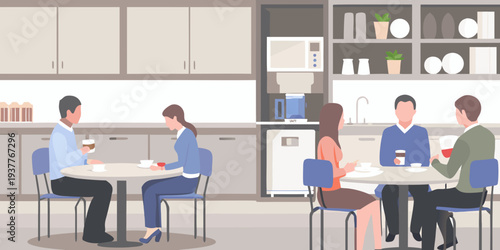 Coworkers gather in a modern office break room for casual conversation