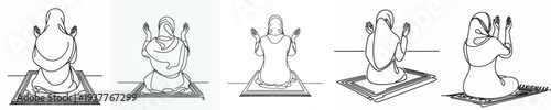 line art of a Muslim woman sitting on a prayer mat in prayer gesture back view