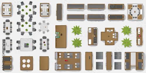 Overhead view of assorted furniture and architectural elements in a minimalist style