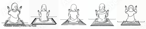 line art of a Muslim little girl sitting on a prayer mat in prayer gesture back view
