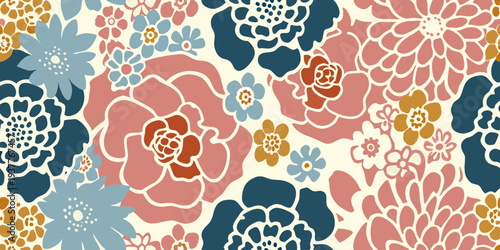 A seamless pattern of colorful stylized floral designs on a cream background