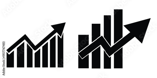 Two distinct black graphic representations of bar charts with ascending trend lines and arrows indicating positive growth isolated on a white background