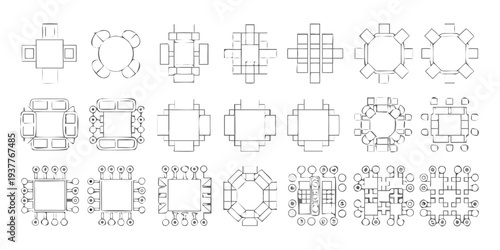 Abstract geometric patterns evolving shapes and circular arrangements in white