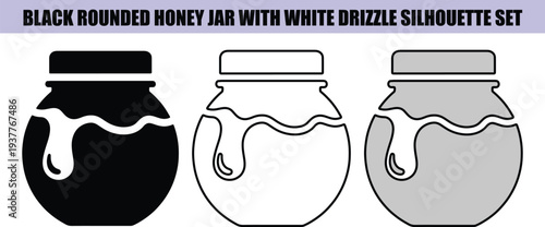 Black rounded honey jar with white drizzle silhouette