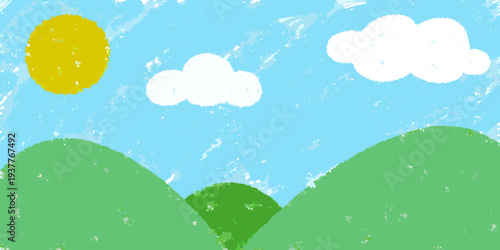 A cheerful childlike drawing depicting a sunny day with hills and clouds