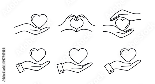 Hands Holding Heart Icons: Love, Care, Support, Donation, Charity, Health, Kindness