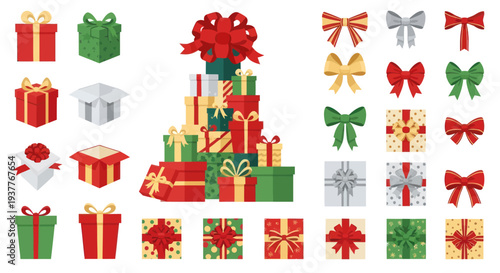 Christmas Gift Boxes and Bows Collection: Festive Presents, Holiday Decor, Celebration Elements