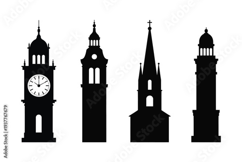 Four black silhouette clock towers with different architectural styles 1