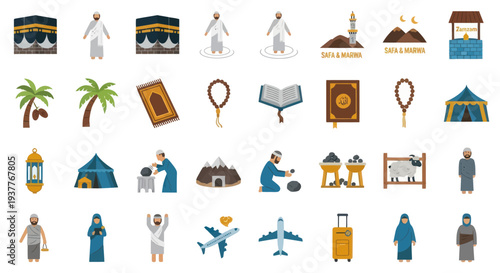 Islamic Icons Collection: Hajj, Umrah, Ramadan, Eid Symbols - Vector Art