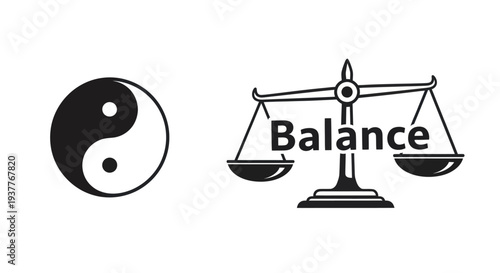 Yin Yang Symbol and Balance Scales Icon Representing Harmony and Equilibrium