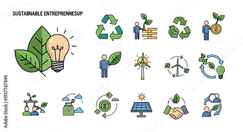 Sustainable Entrepreneurship Icons: Green Business, Eco Innovation, Renewable Energy, Ecology