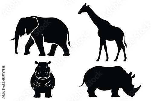 Four black silhouettes of elephant giraffe hippopotamus and rhinoceros 1