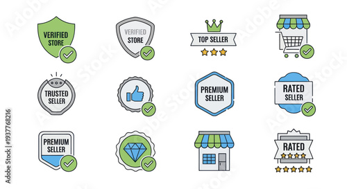Online Shopping Badges: Verified Store, Top Seller, Trusted, Premium, Rated Seller Icons