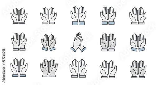 Set of praying hands icons, palms up, open hands gesture