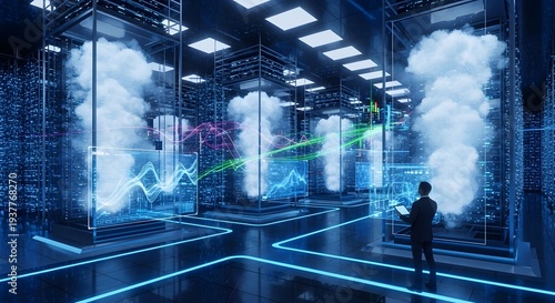 Cloud Computing Data Center with Server Racks and Person.