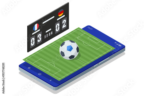 Isometric smartphone football live score application with digital scoreboard and soccer field. Online sport result tracking. Championship competition, training and professional stadium sport event.