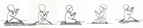 line art of a Muslim little boy sitting on a prayer mat in prayer gesture side view