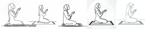 line art of a Muslim woman sitting on a prayer mat in prayer gesture side view