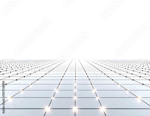 Shiny tiles recede into a white vanishing point with faint lights at intersections
