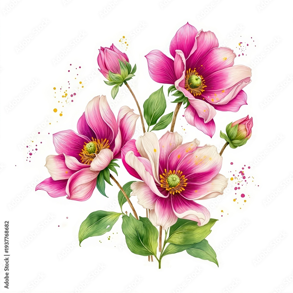Obraz premium A bunch of pink flowers with green leaves on a white background