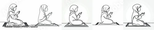 line art of a Muslim little girl sitting on a prayer mat in prayer gesture side view