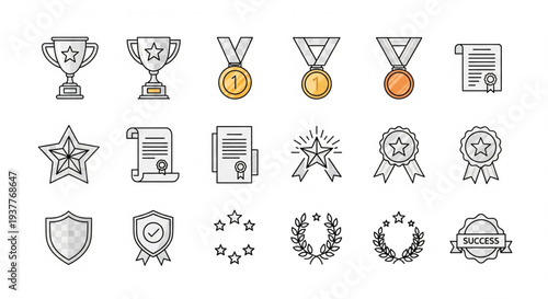 Assorted award icons including trophies, medals, and certificates displayed in a grid layout on a plain white background.