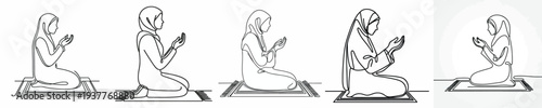 line art of a Muslim woman sitting on a prayer mat in prayer gesture side view