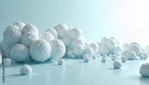 White textured spheres cluster on smooth blue surface. Abstract arrangement forms scientific or medical concept. Tiny particles create complex pattern, suggests growth or data.