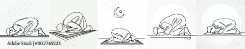 line art of a Muslim prostrating on a prayer mat
