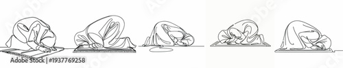 line art of a Muslim woman prostrating on a prayer mat