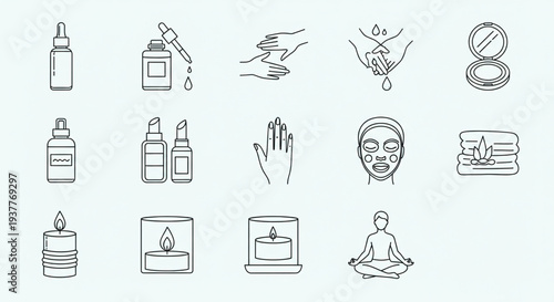 Spa and wellness icons, illustrating self-care and relaxation techniques in a serene environment from a straightforward viewpoint.