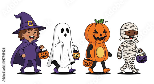 Cute children dressed in Halloween costumes walking together holding candy buckets