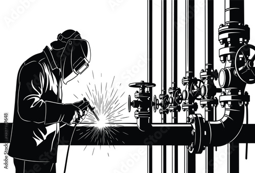 Welder working on industrial pipe system with valves and sparks welding