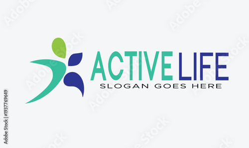 Vibrant abstract figure in motion symbolizing active life and wellness paired with bold typography for 'active life' and placeholder slogan representing health fitness and dynamic