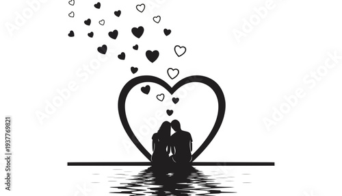 Heart silhouette icon of a loving couple with floating hearts