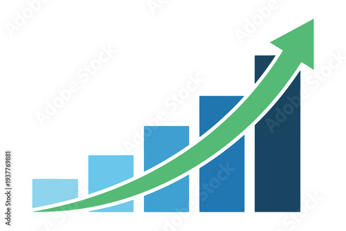 Visual representation of growth and success with a green arrow pointing upwards and blue bars