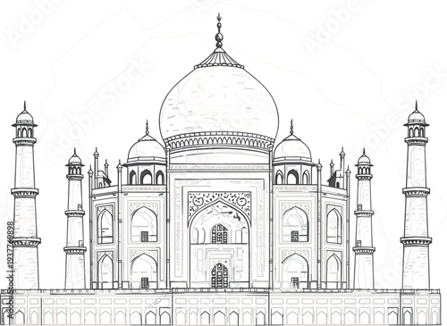 Elegant Taj Mahal Line Art Illustration in Minimal Outline Style, Detailed Architectural Landmark Vector Drawing