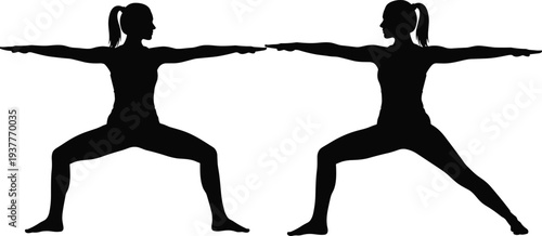 Black silhouette illustration of two people performing Warrior II yoga pose, mirrored figures symbolizing balance, strength, and mindfulness practice