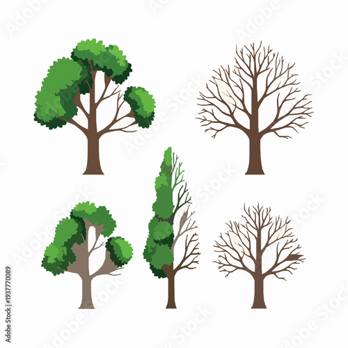 Minimal half dead tree vector set flat drought illustration EPS10 isolated on white