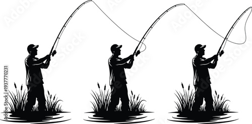 Black-and-white silhouettes of person fly fishing, illustrating sequential casting motion, outdoor recreation, and artistic fishing technique design