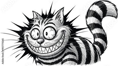 Black-and-white cartoon cat with bulging eyes and toothy grin, whimsical surreal artwork inspired by eccentric fantasy and humorous design